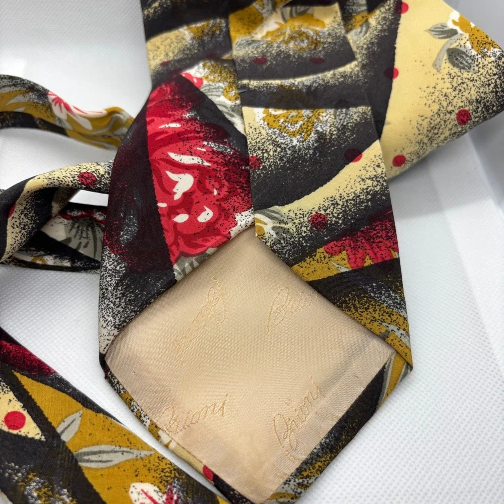 Brioni Silk Tie Mens Black Gold Red Abstract Floral Made Italy 80s Vintage